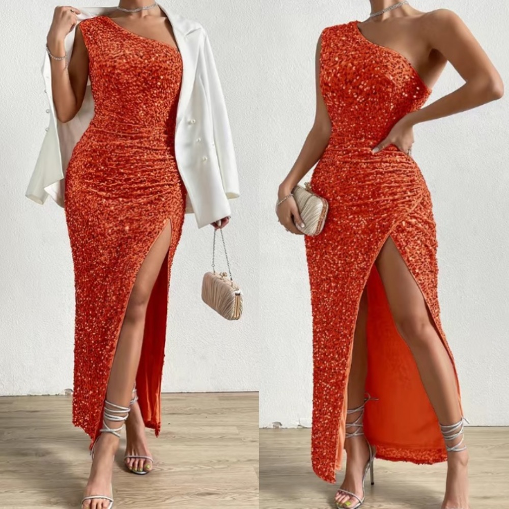 Luxe orange one shoulder slit thigh party formal evening sequins dress